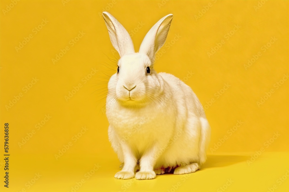  a white rabbit sitting on top of a yellow floor next to a yellow wall and a yellow wall behind it i