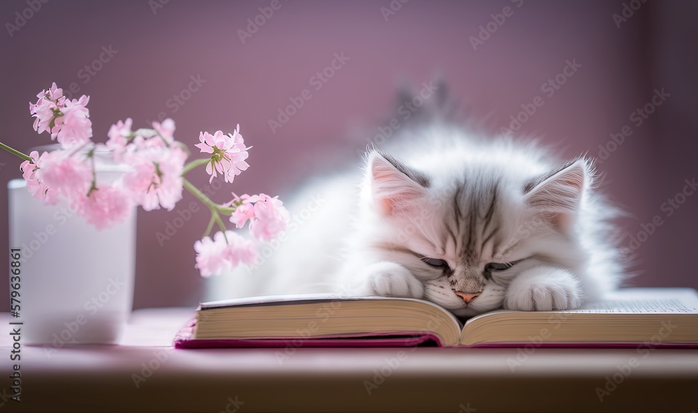  a white cat laying on top of a book next to a vase of flowers and a vase of pink flowers on top of 