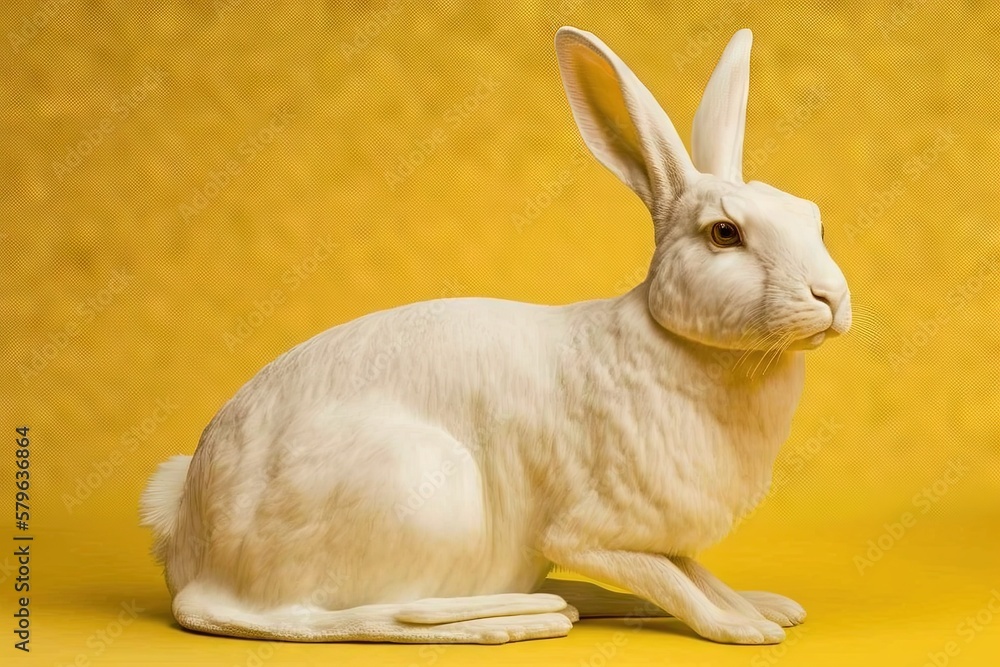  a white rabbit sitting on top of a yellow surface next to a yellow wall with a yellow background an