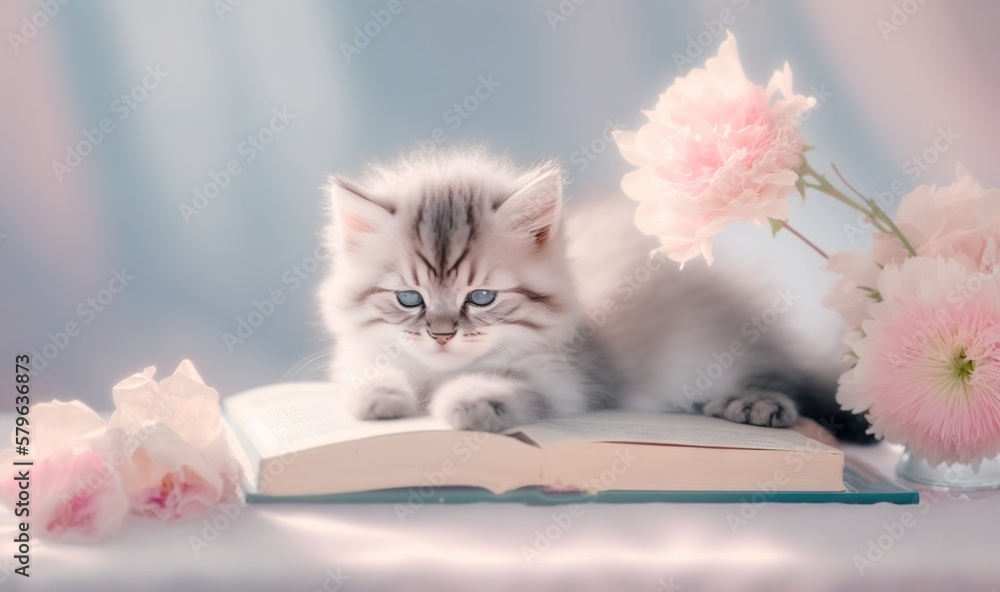  a kitten laying on top of an open book next to a vase of flowers and a vase of pink carnations on a