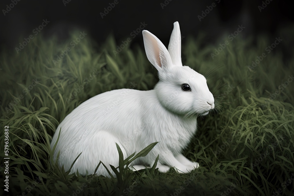  a white rabbit sitting in the grass looking at the camera with a black background and a black backg