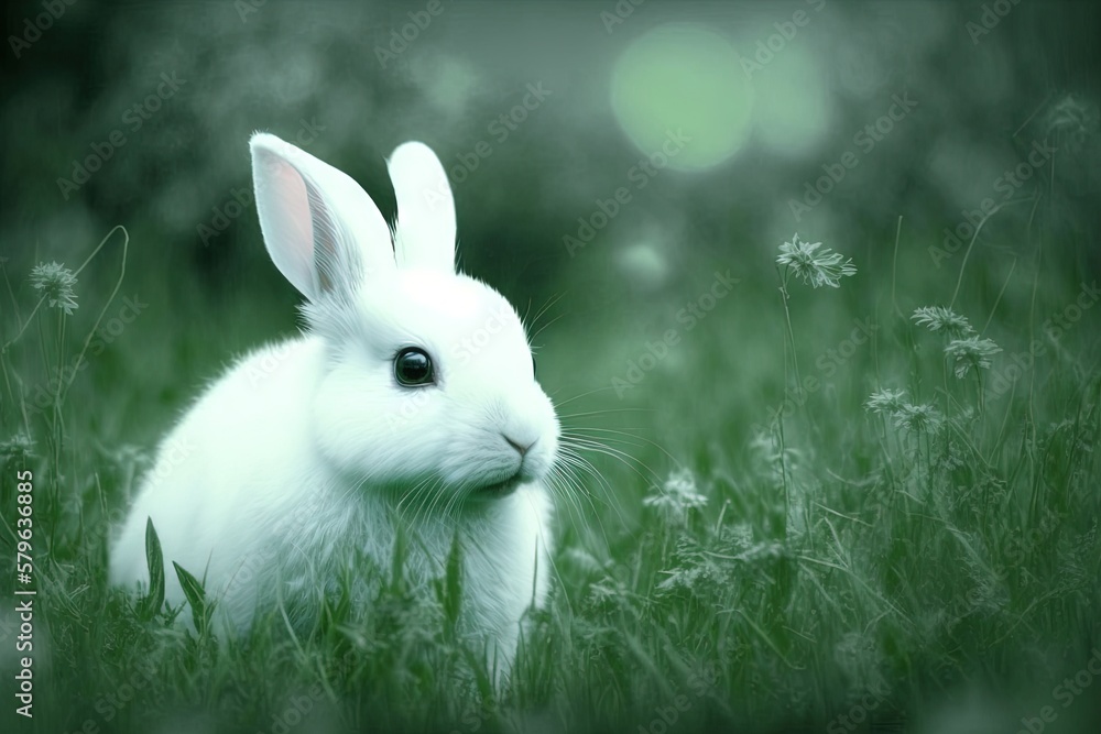  a white rabbit sitting in a field of grass and daisies with a green and black background and a blur