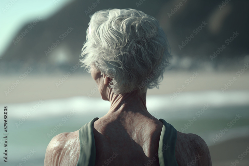 an elderly gray-haired woman on the seashore view from the back, created by a neural network, Genera