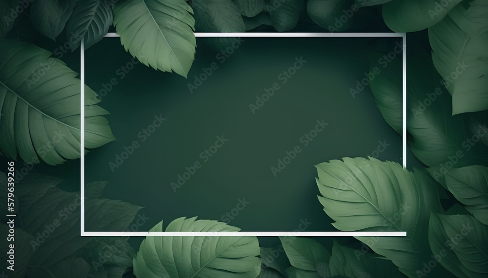 Blank, white square frame in center surrounded by dark green tropical leaves. The leaves are thick w