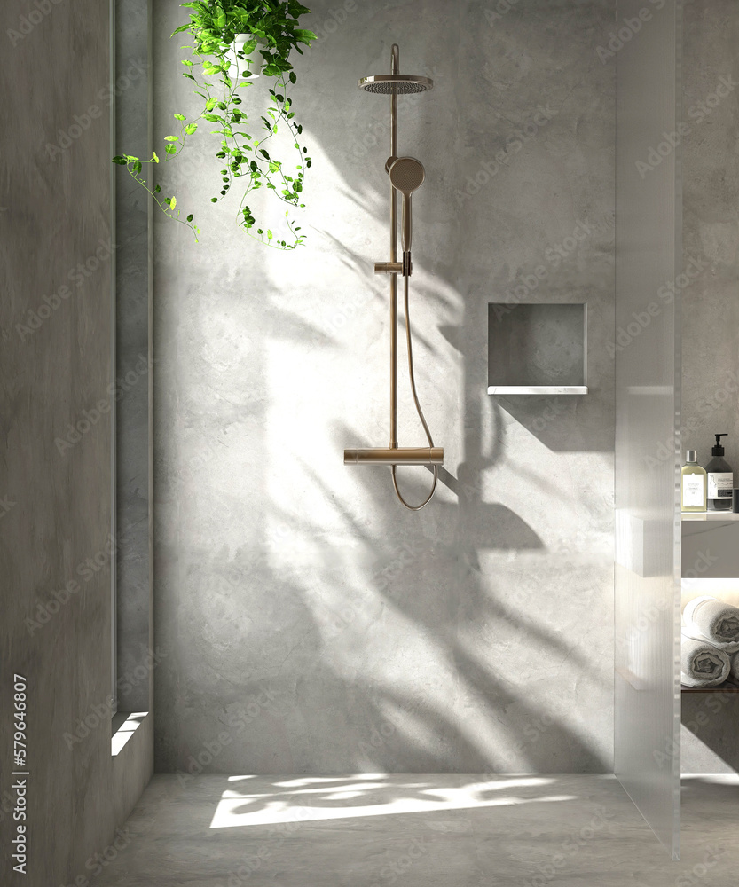 Modern, minimal, loft bathroom design with adjustable chrome shower holder, rain shower head, green 