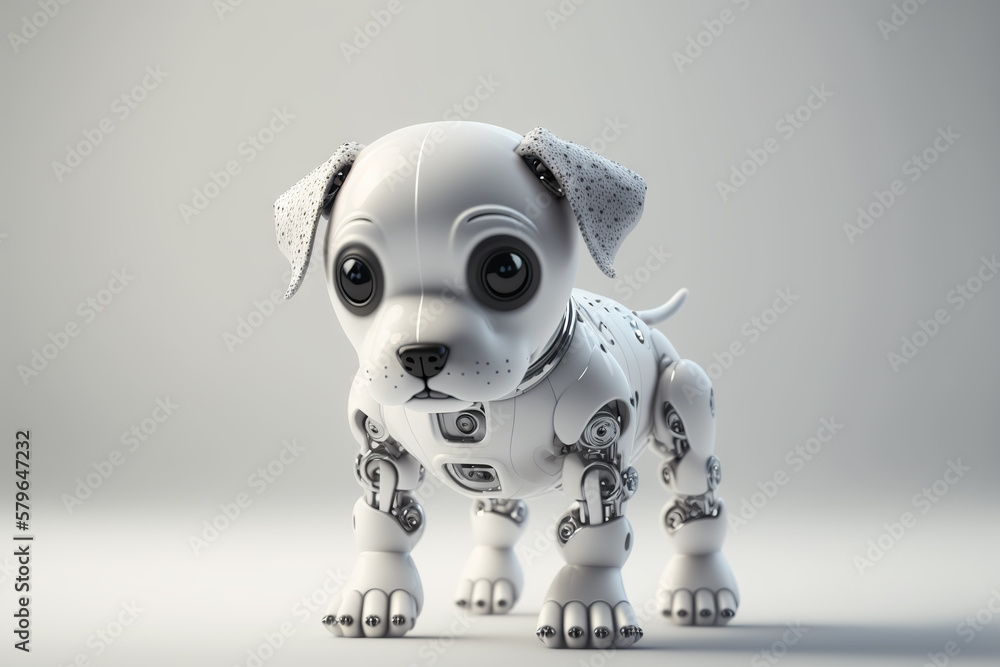 Cute robotic puppy on empty background. White happy little dog robot. Futuristic pet assistant power