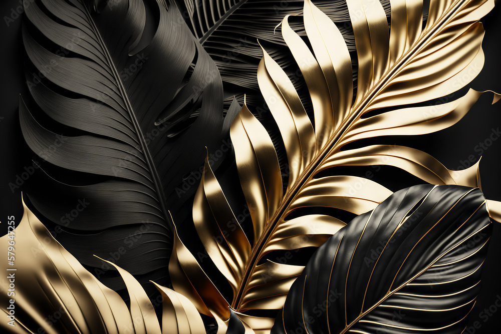 Black and gold tropical leaves background. Golden foliage leaf texture. View of palm plants. Generat