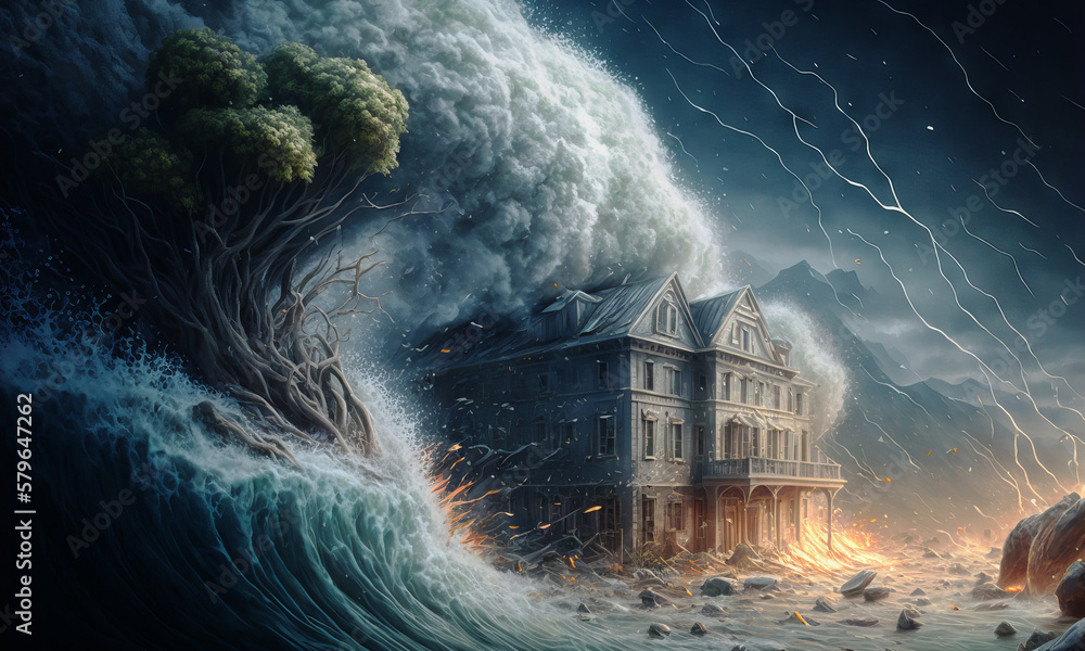 Huge tsunami destroying a house. Dramatic scenery with a big wave flooding the lanscape. Natural dis