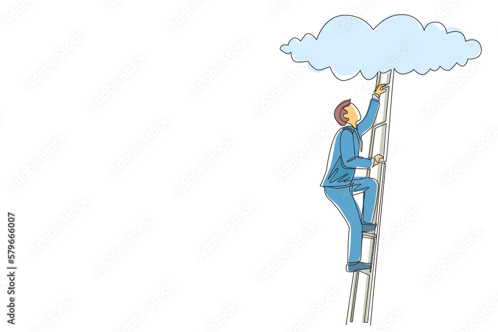 Continuous one line drawing businessman climbing up career ladder to cloud. Successful rising busine