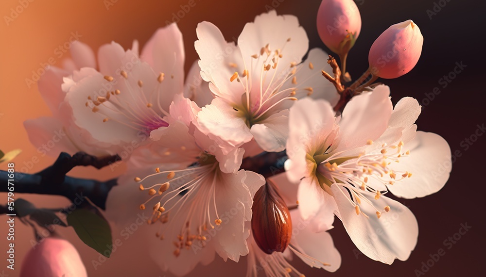 Close up of sakura flowers branch on a sunny day. Cherry blossom flowers. Generative AI