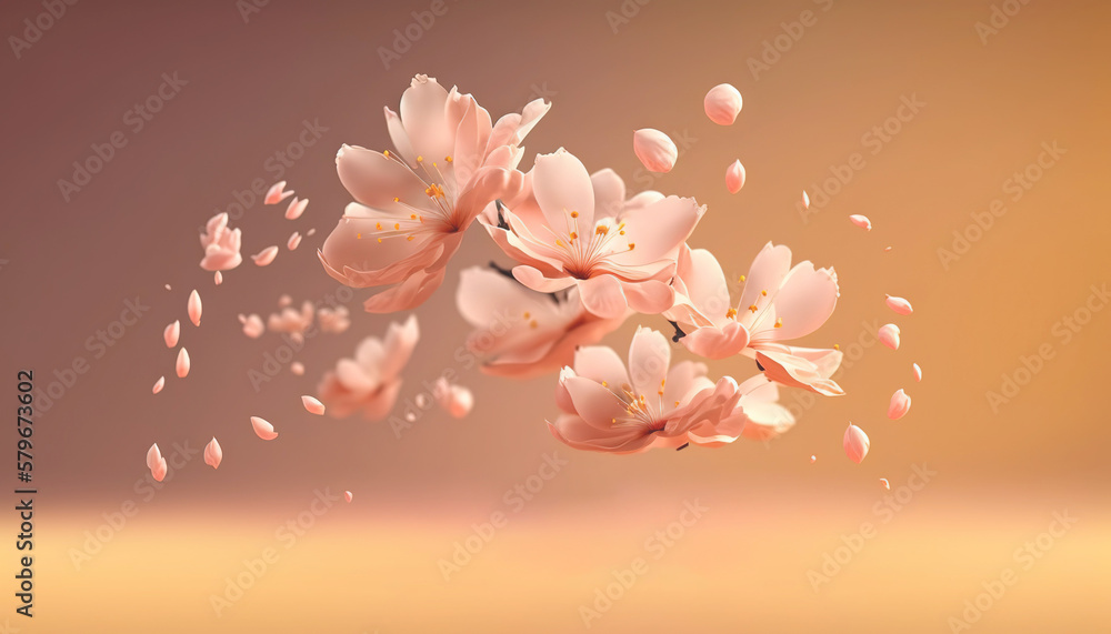 Petals of cherry blossom blown by the wind. Sakura flowers. Generative AI