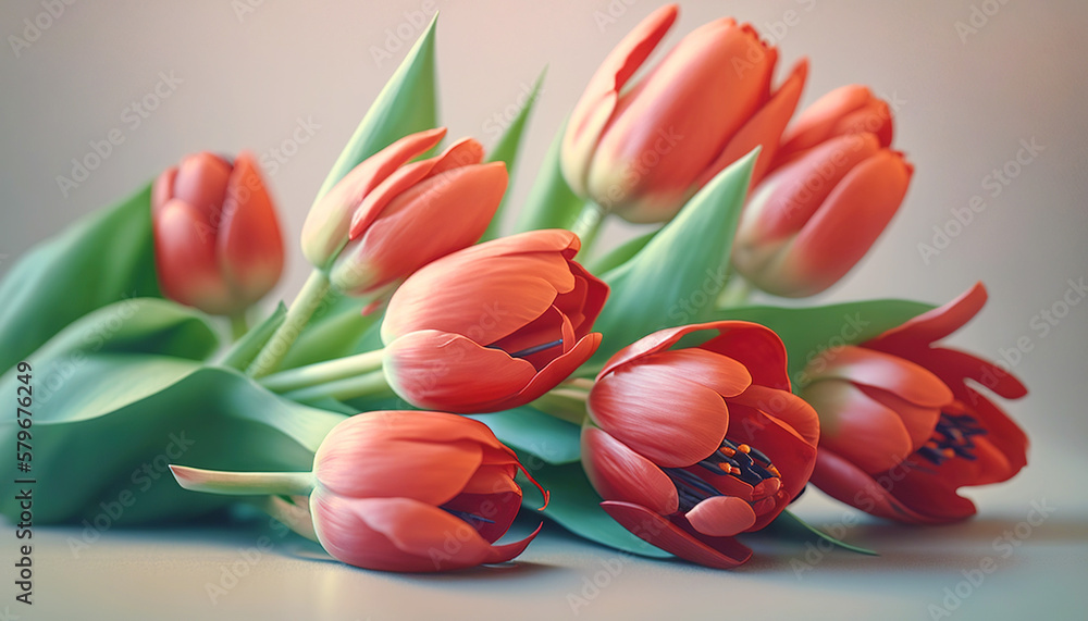 Bouquet of red tulips on pastel background. Generative AI