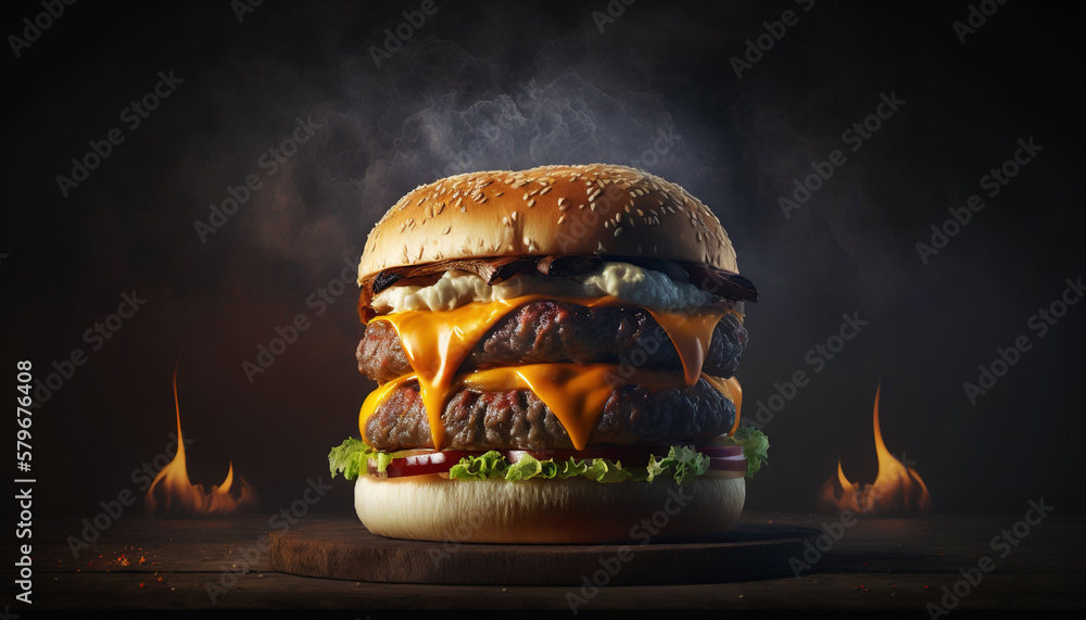 Super delicious hamburger with fresh vegetables on dark background. Generative AI