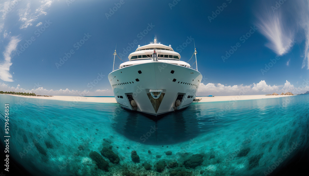 Low angle view on luxury yacht from the paradise turquoise ocean water surface. Sunny day in tropic 