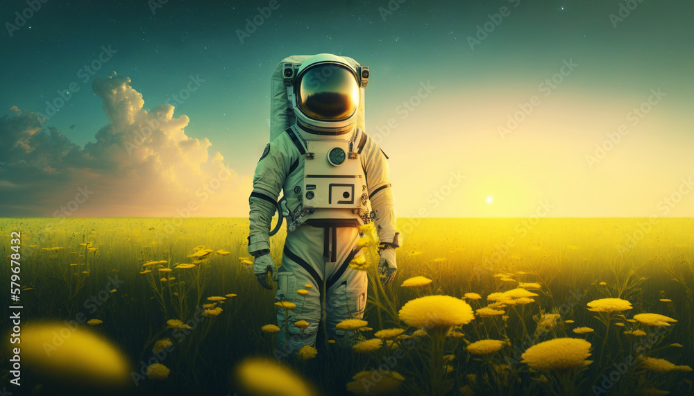 Astronaut standing in the field on a golden sunset. Generative AI.