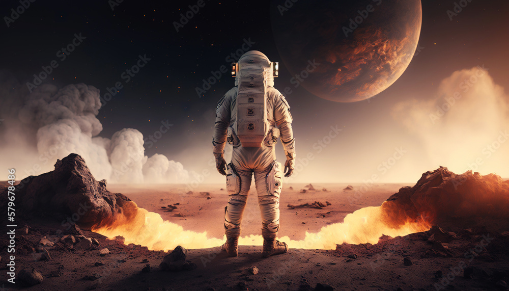 Astronaut standing on a soil of alien rocky planet. Generative AI.