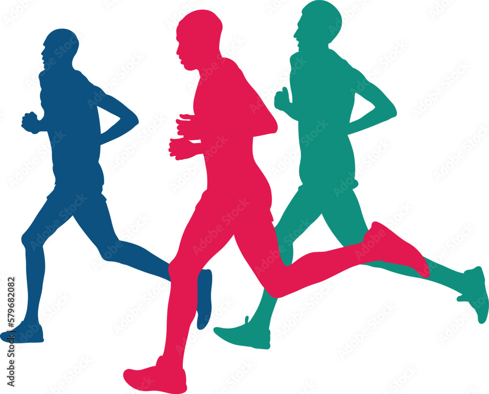 real runners athlete running marathon colored silhouettes on white background, vector illustration, 