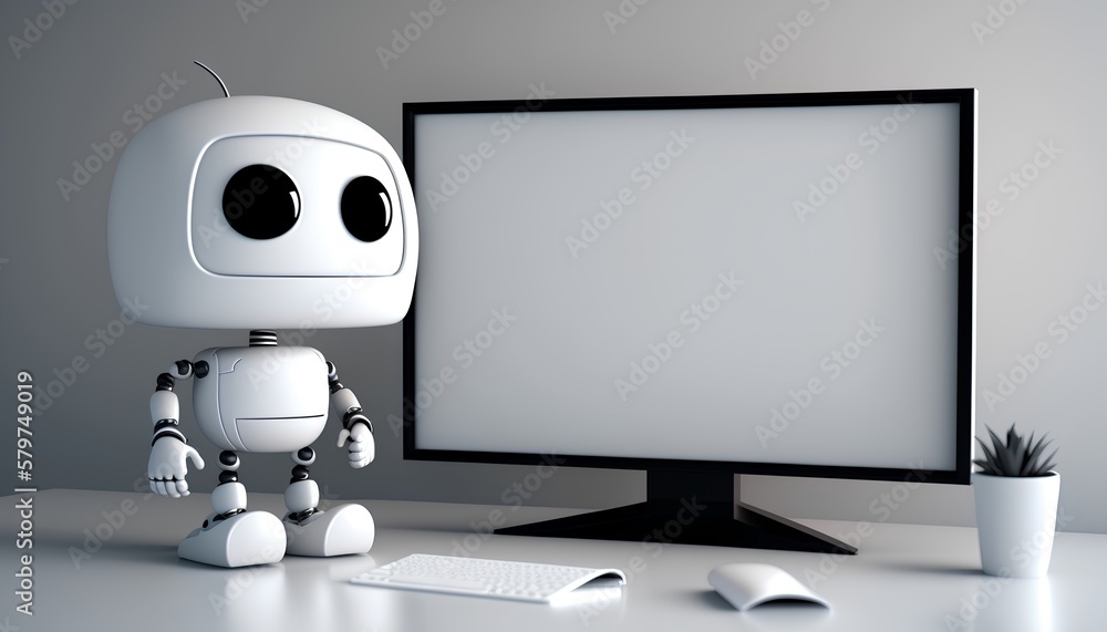 A white AI robot assistant mascot standing next to blank computer screen. Computer mockup with blank