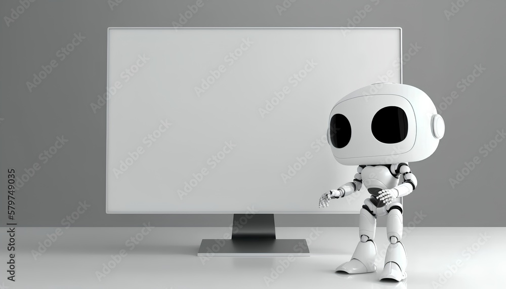 A white AI robot assistant mascot standing next to blank computer screen. Computer mockup with blank