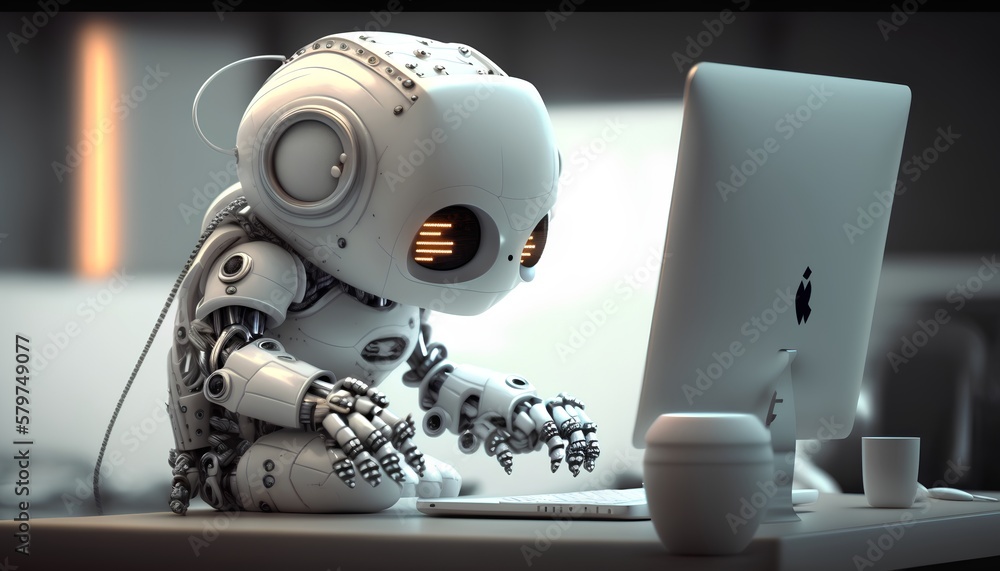 A white AI robot assistant mascot working in front of a computer screen. White office in the backgro