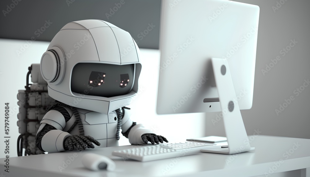 A white AI robot assistant mascot working in front of a computer screen. White office in the backgro