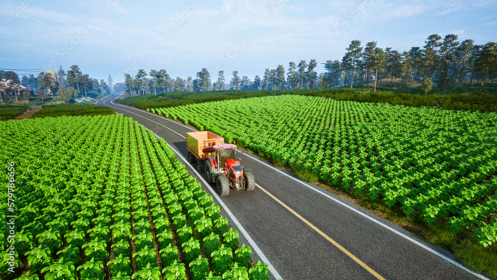 Tractor working in agricultural plots. 3d render