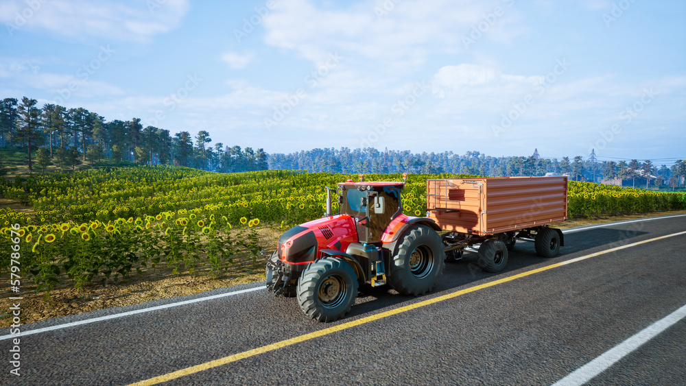 Tractor working in agricultural plots. 3d render