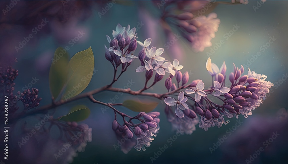 Close up illustration of a lilac blossom branch with beautiful purple flowers in soft focus. Blurred