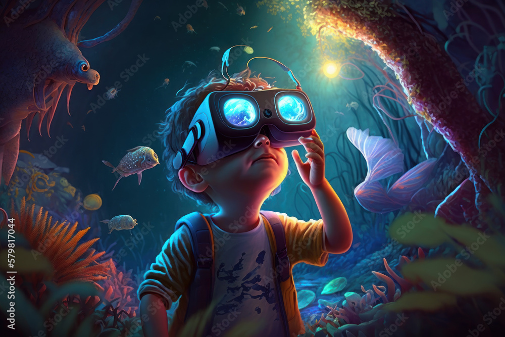 Child wearing VR glasses and wandering in the imagination. Ai generated.