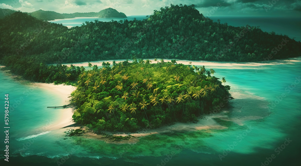 Tropical jungle on the ocean shore. Paradise landscape. Generative AI