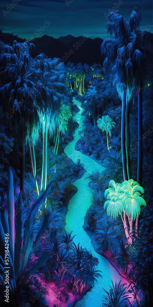 Tropical jungle in vibrant gradient neon colors. Synthwave rain forest. Generative AI