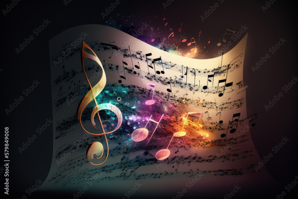 Colorful music notes background with sheet music, disc and treble clef. Illustration AI Generative