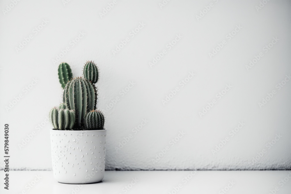 A real green cactus in a white pot. Illustration AI Generative