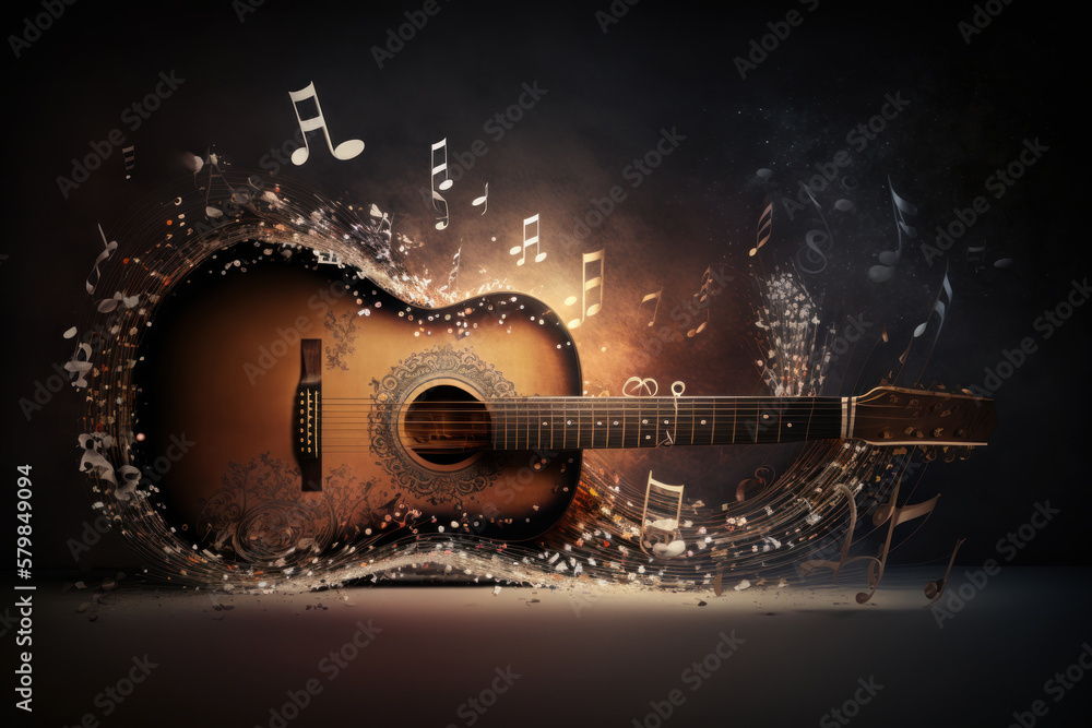 Festive background with guitar and musical notes. Illustration AI Generative