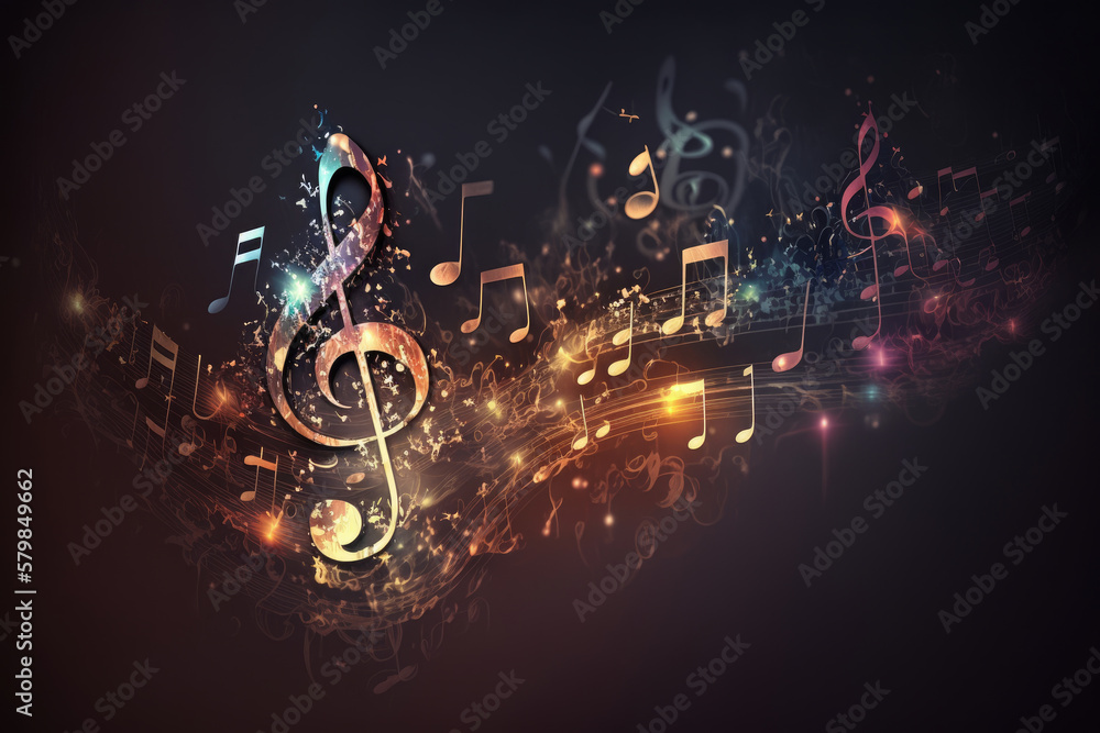 Colorful music notes background with sheet music, disc and treble clef. Illustration AI Generative