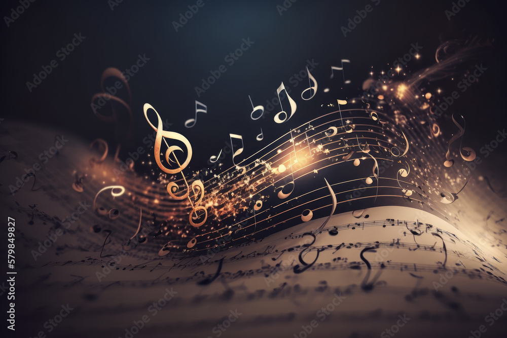 Colorful music notes background with sheet music, disc and treble clef. Illustration AI Generative