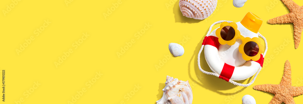 Summer sunblock sunscreen skincare theme with beach shells and starfish