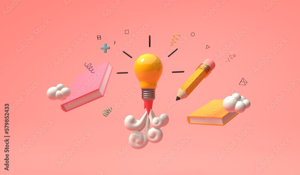 Light bulb flying to the sky like a rocket - Educational theme - 3D render