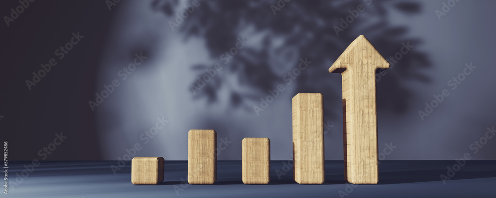 Upward bar graph and arrow with tree shadow - 3D render