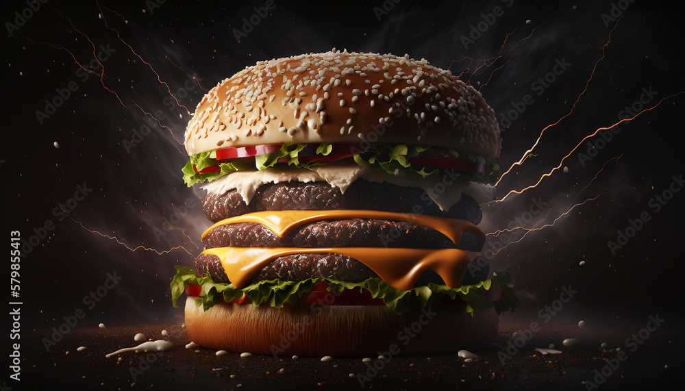 Super delicious hamburger with fresh vegetables on dark background. Generative AI