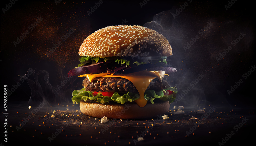 delicious fresh burger on a dark background. Generative AI