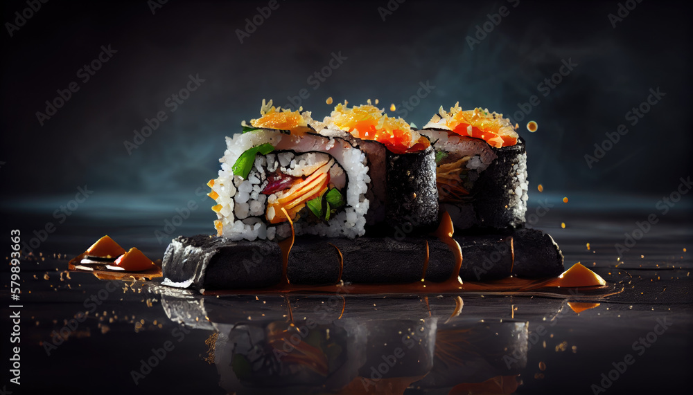 Fresh sushi roll close-up on dark background. Generative AI