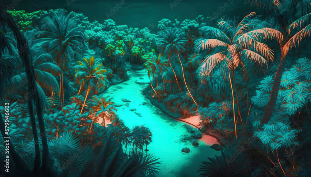 Tropical jungle in vibrant gradient neon colors. Synthwave rain forest. Generative AI