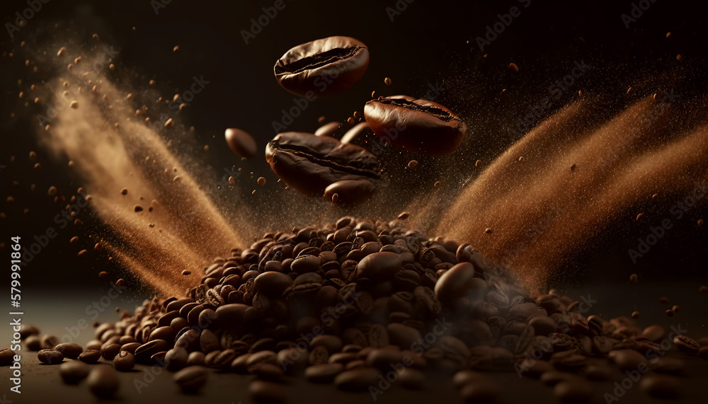 Roasted coffee beans. Brown smoke of coffee aroma. Generative AI