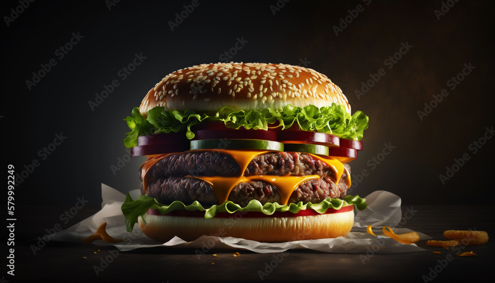 Super delicious hamburger with fresh vegetables on dark background. Generative AI