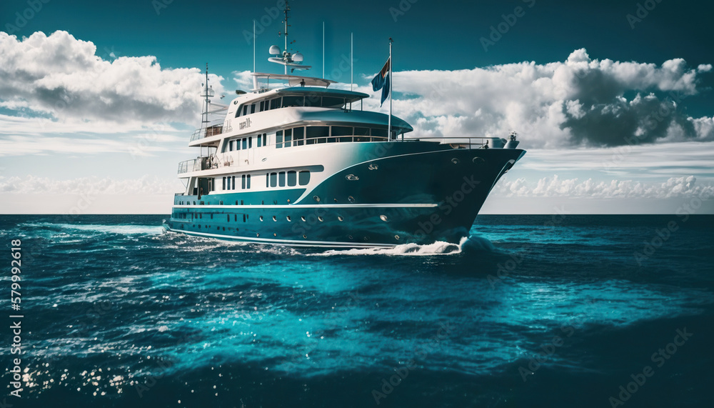 Low angle view on luxury yacht from the paradise turquoise ocean water surface. Sunny day in tropic 