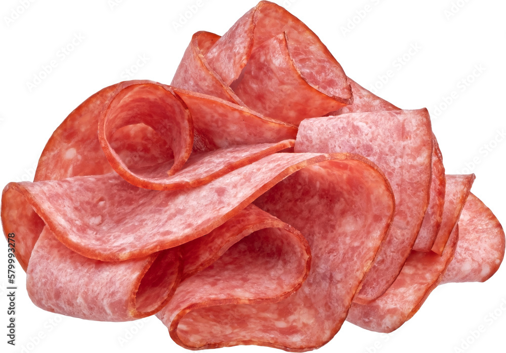 Sliced salami sausage isolated on white background