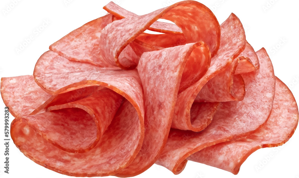 Sliced salami sausage isolated on white background with clipping path, full depth of field