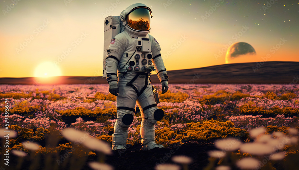 Astronaut standing in the field on a golden sunset. Generative AI.