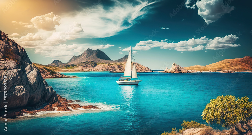 Sailing Yacht in paradise turquoise waters. Tropical sea landscape with boat. Generative AI